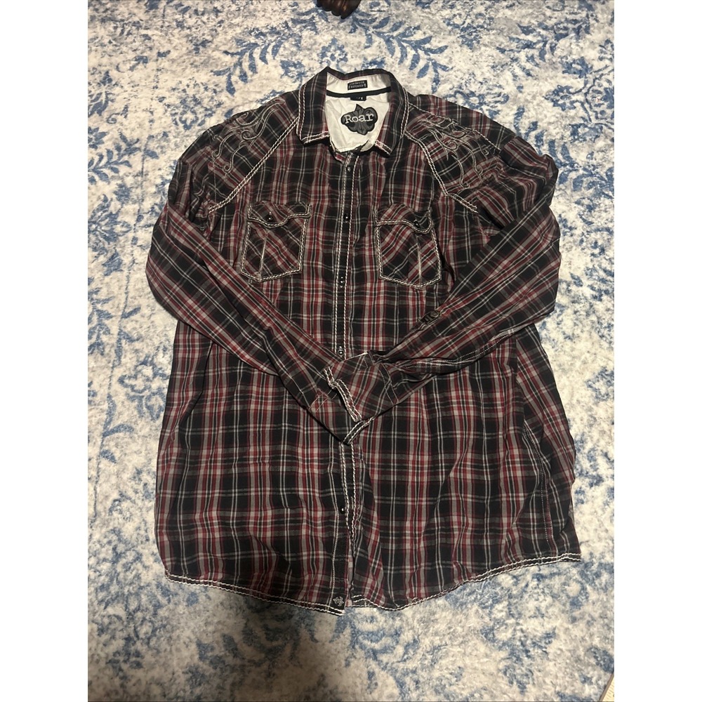 Roar Signature Shirt Mens 3XL Blue Red Plaid Embroidered Western Long Sleeve